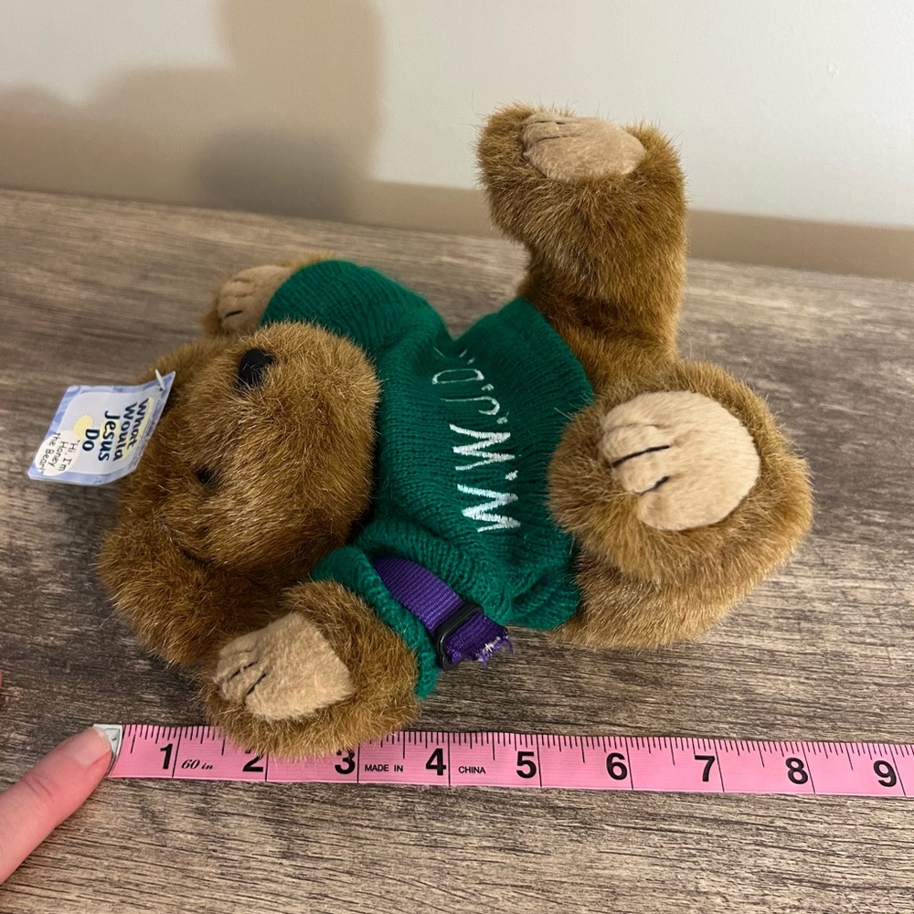Vintage WWJD? Honey Brown Bear 8” Green Sweater What Would Jesus Do? - Picture 8 of 8